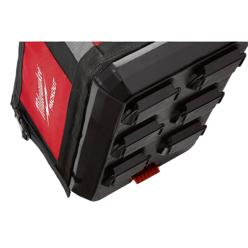 Red and black Milwaukee PACKOUT tote with durable polymer base for tool storage and organized transport in home improvement tasks