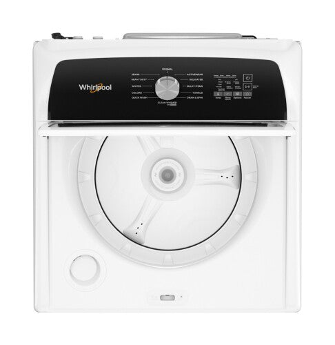 Top view of white top load washer with central agitator and control panel for washers and home appliances use