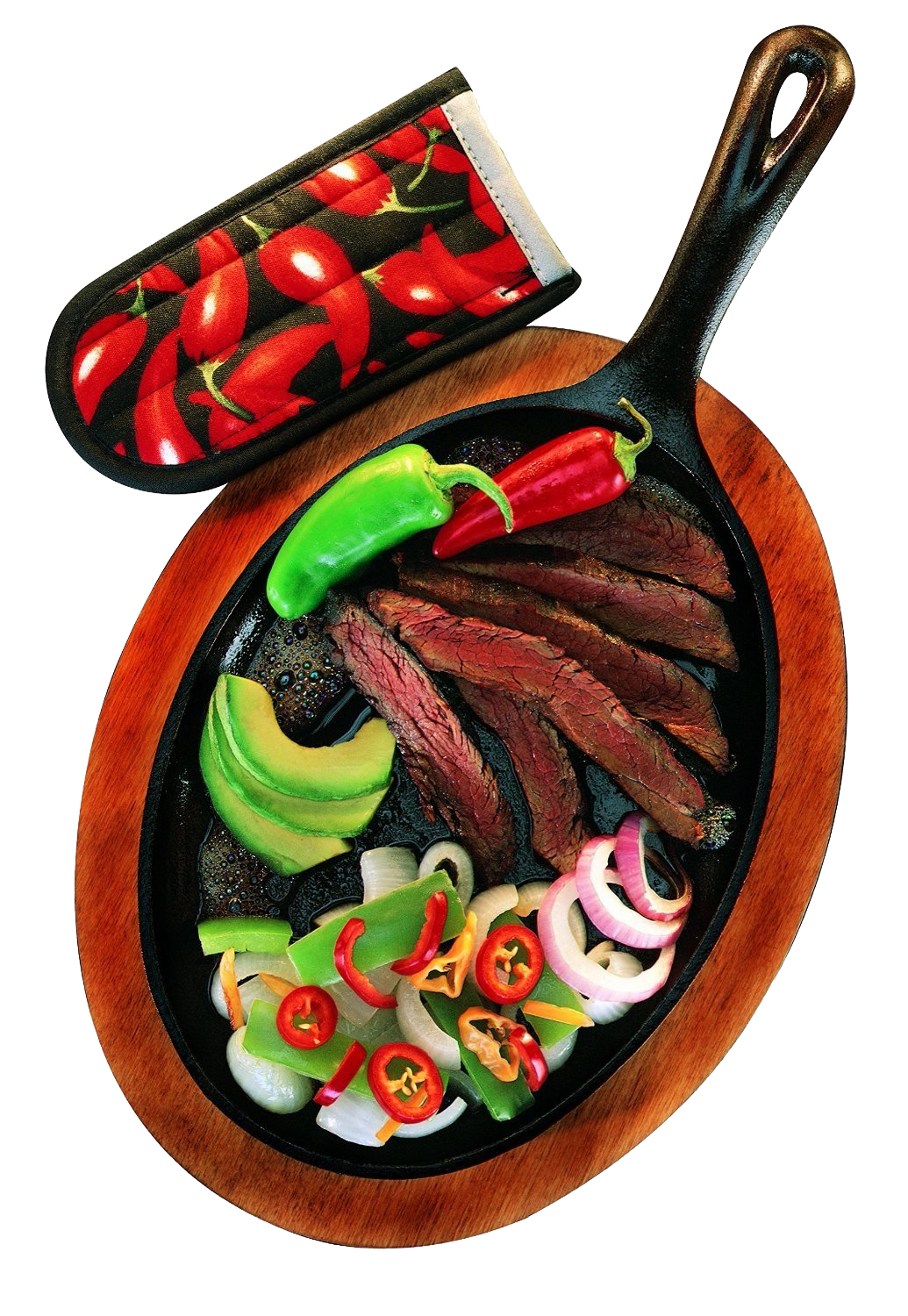 Cast iron fajita skillet with sliced steak, avocado, peppers, onions, and chili pepper-patterned handle cover on wooden platter
