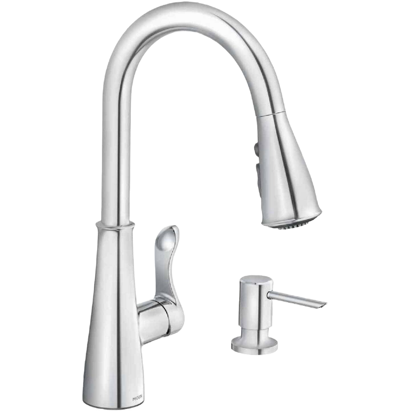 Chrome kitchen faucet with high arc pulldown spout and single lever handle for home improvement tasks