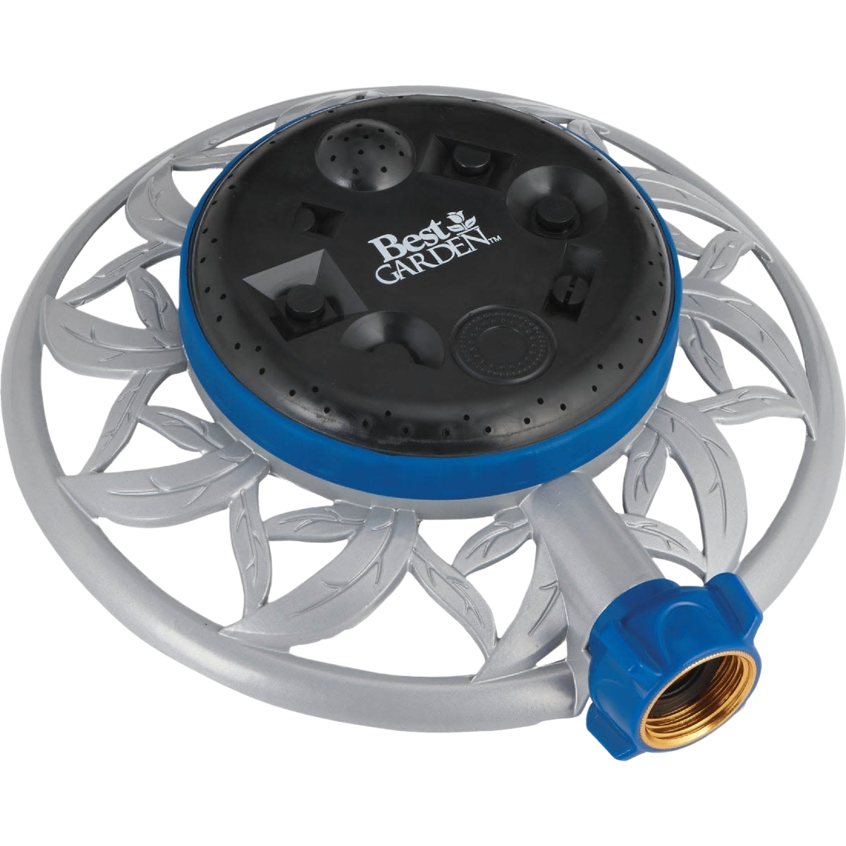 Metal stationary garden sprinkler with decorative design and blue connector for home watering tasks