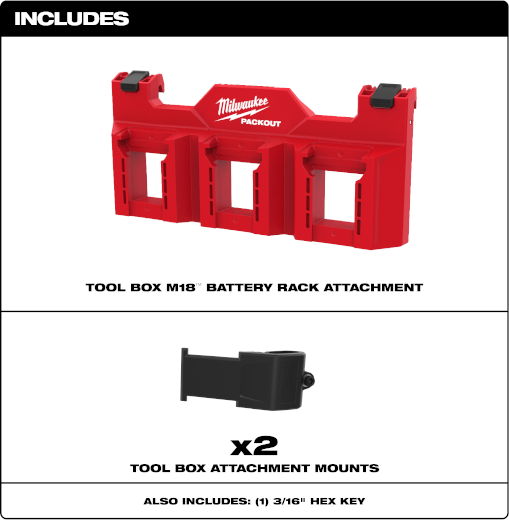 Red Milwaukee PACKOUT battery rack with two black mounting clips for organizing M18 batteries in tool storage systems