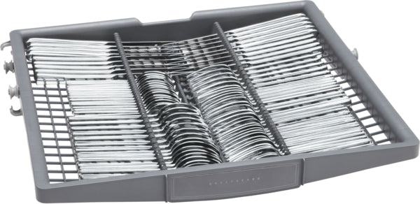 Gray dishwasher utensil rack filled with neatly arranged silverware from Bosch appliances collection