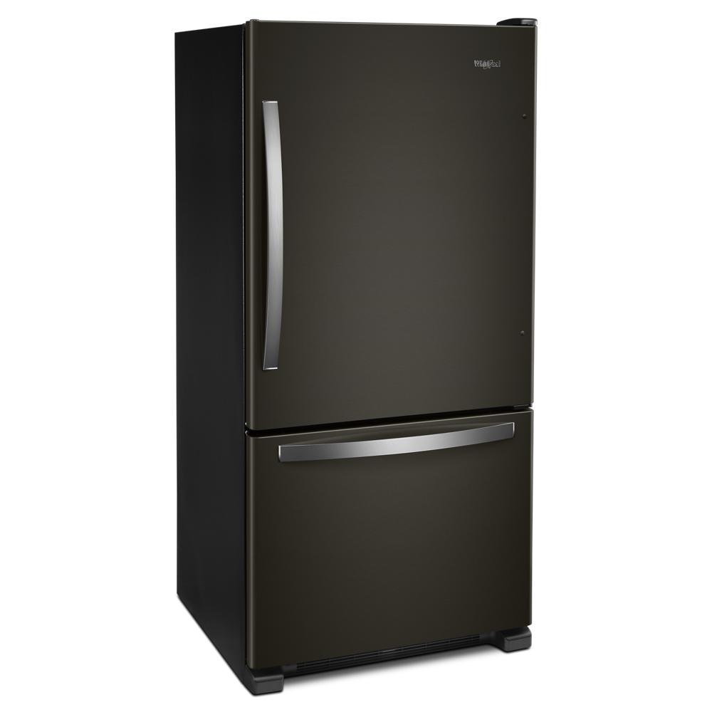 33-inch wide bottom-freezer refrigerator in matte black finish with stainless steel handles from Appliances collection