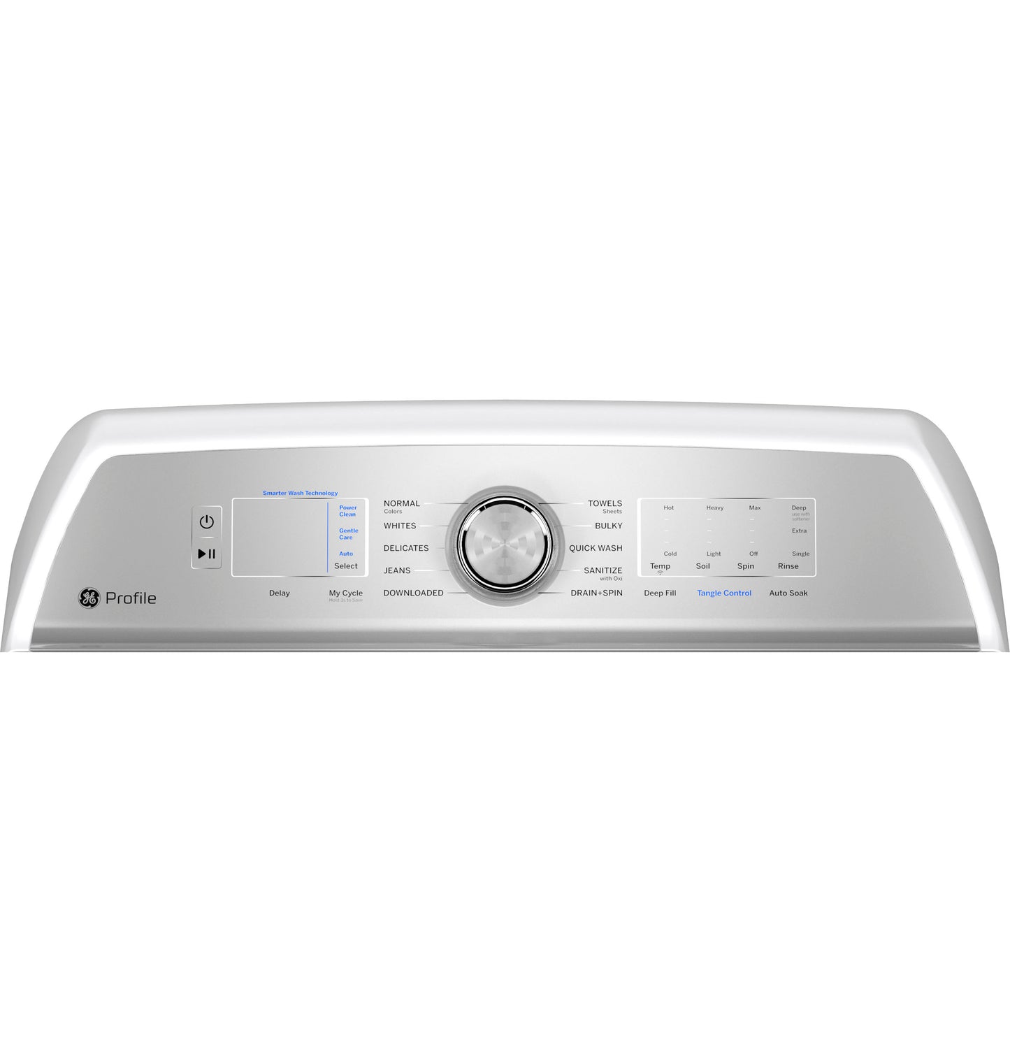 Control panel of silver GE Profile washer with digital display and central dial in Washers & Appliances collections