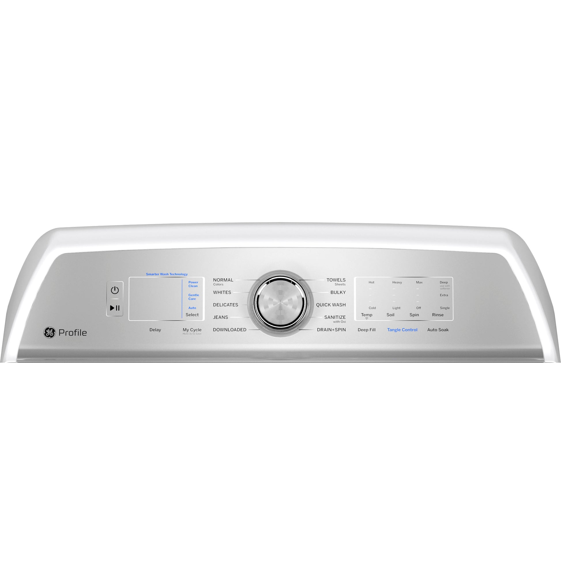 Control panel of silver GE Profile washer with digital display and central dial in Washers & Appliances collections