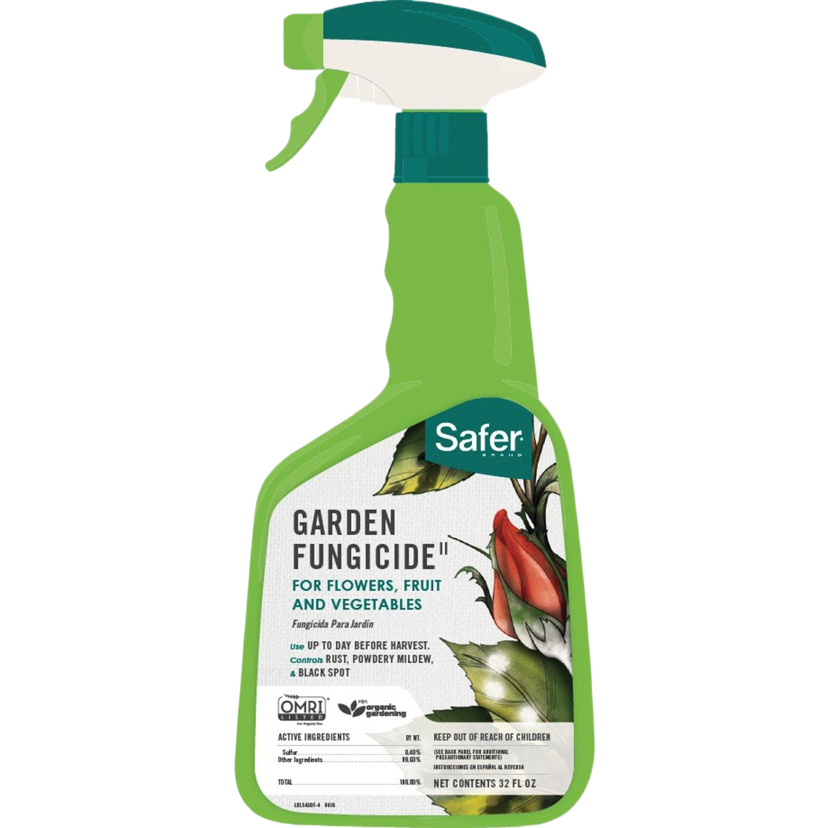 Green spray bottle of Safer Garden Fungicide for plant care, effective against powdery mildew and black spot fungi.
