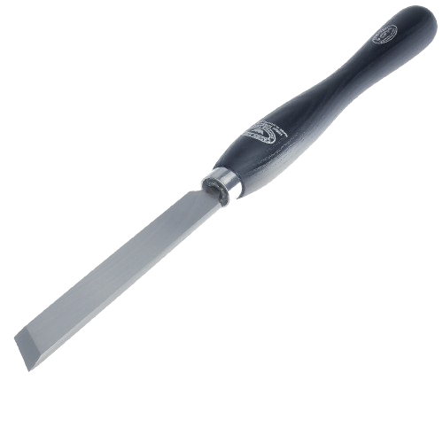 Skew chisel with polished metal blade and dark ergonomic wooden handle for precision woodworking in home improvement tasks