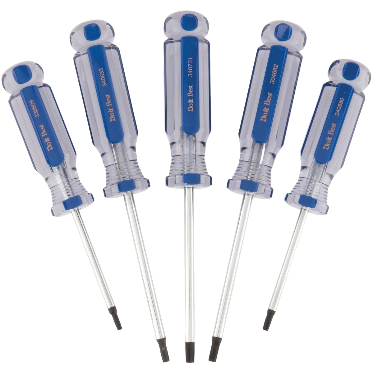 Set of five star-tip screwdrivers with clear blue handles designed for home improvement tool use