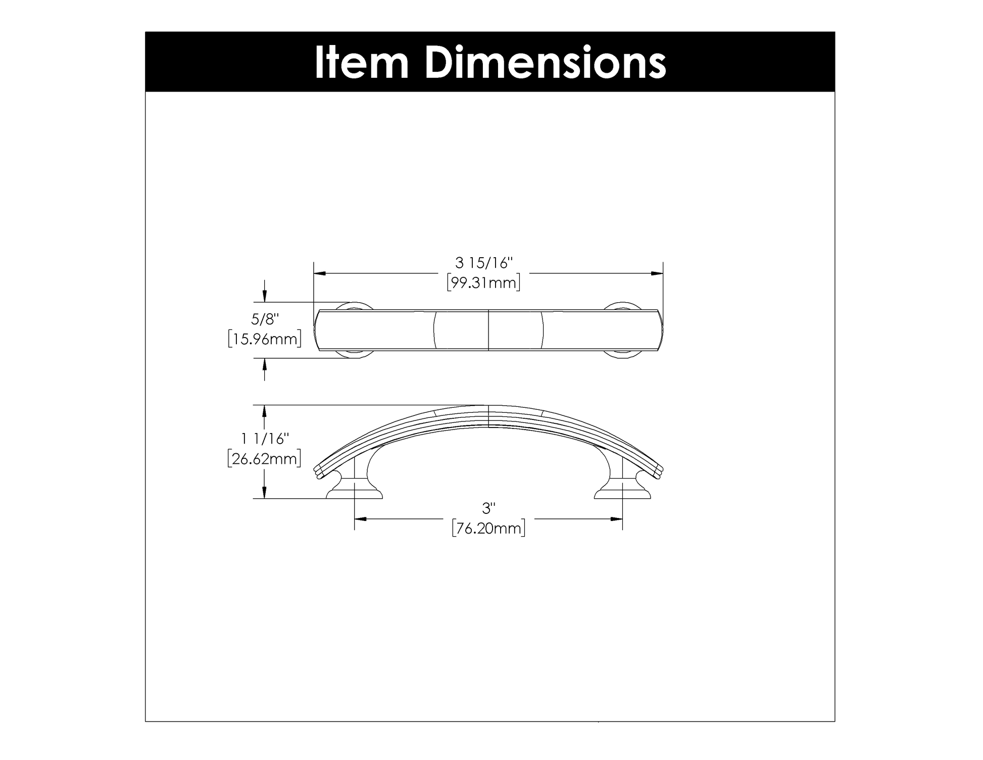 Technical line drawing showing dimensions for a vintage bronze 3-inch center-to-center cabinet pull hardware piece.