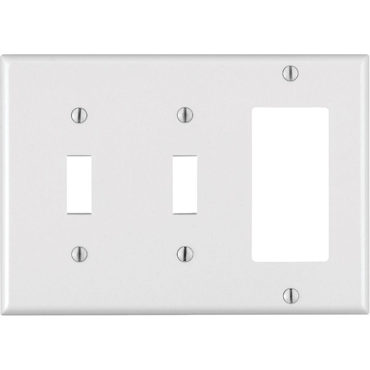 White thermoset wall plate with two toggle switch openings and one rocker switch opening for home improvement use