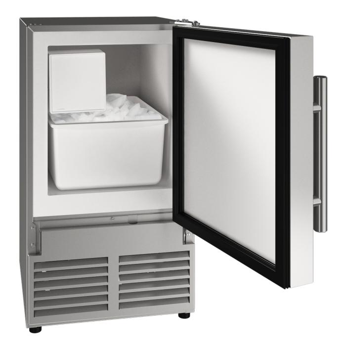Open compact stainless steel crescent ice maker with removable ice bin in kitchen appliances collection