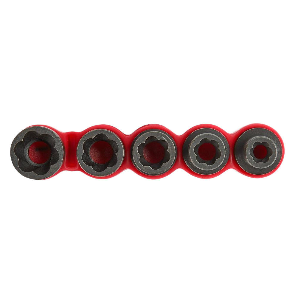 Set of five black steel impact extractors in red holder designed for tools and home improvement use