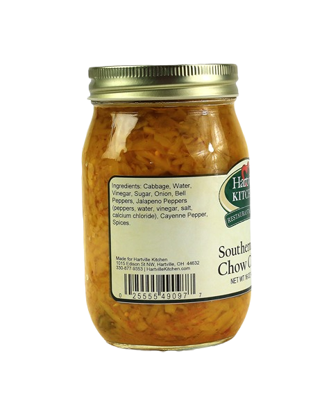 Glass jar of Southern Hot Chow Chow with gold lid and visible ingredients label on the side