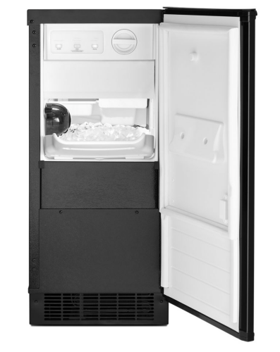 black undercounter 15-inch icemaker with clear ice feature and white interior in kitchen appliances collection