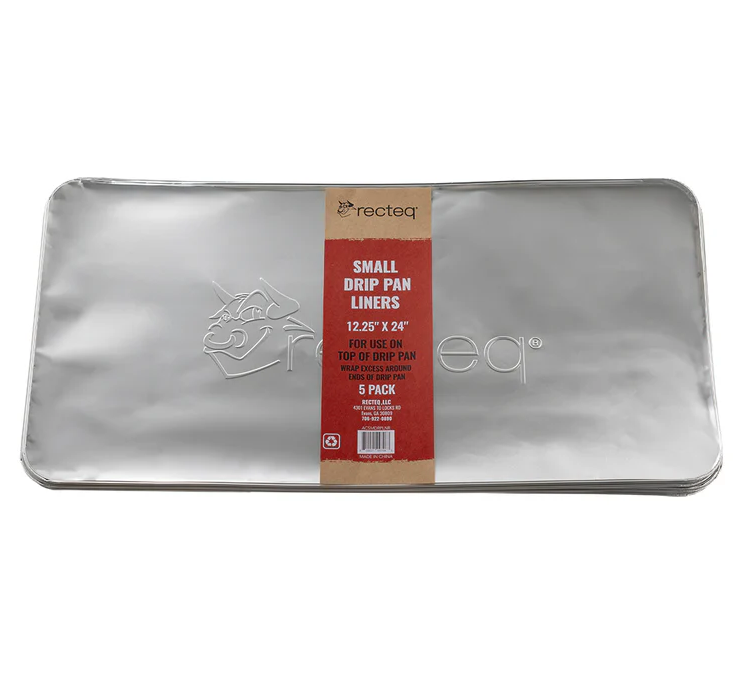 Pack of five lightweight aluminum drip pan liners sized for small grills, designed to simplify cleanup in Grill Accessories and Outdoor Living collections.