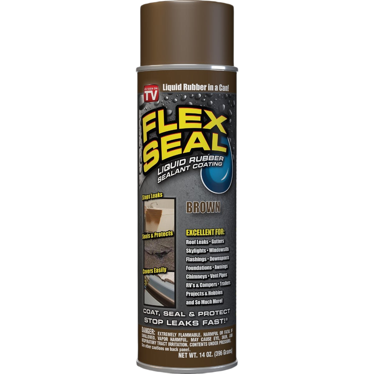 Brown spray can of liquid rubber sealant with detailed label for home improvement and leak protection tasks