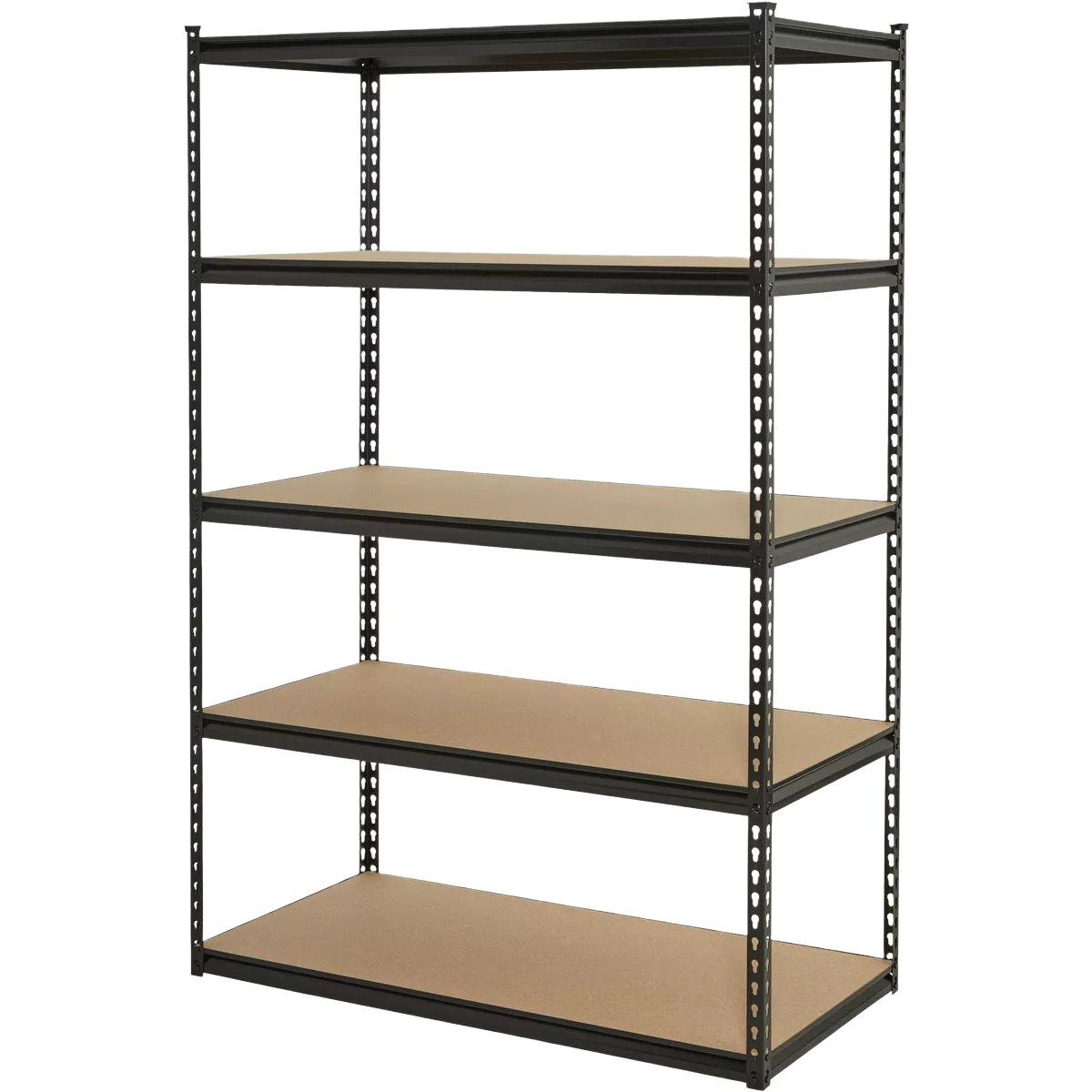 Black steel shelving unit with five particleboard shelves for durable storage in home improvement and organization spaces