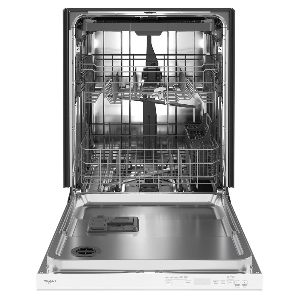 Open stainless steel dishwasher interior with adjustable racks and spray arms in kitchen appliances collection