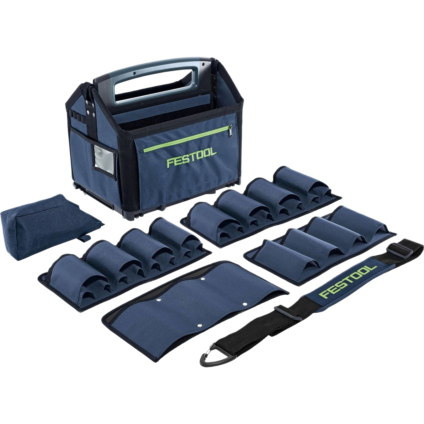 Modular navy blue tool bag with compartments and branded strap for workshop and jobsite tool storage organization