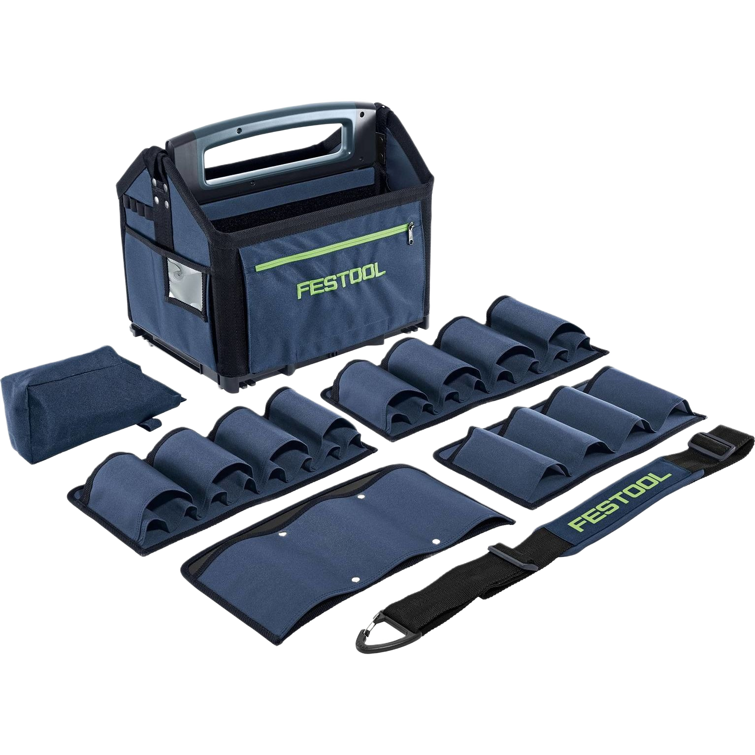 Modular navy blue tool bag with compartments and branded strap for workshop and jobsite tool storage organization