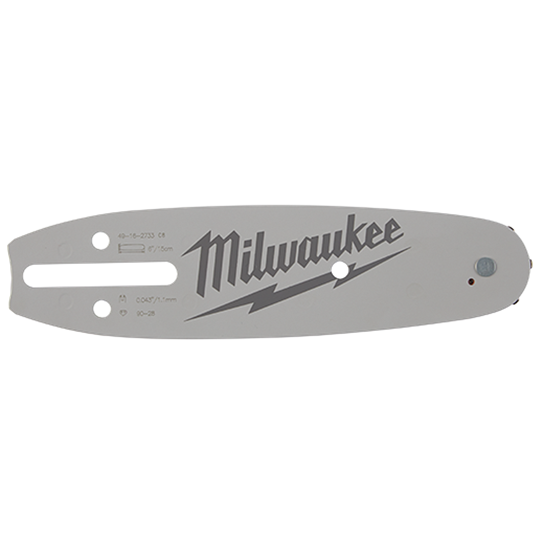 Silver metal guide bar with Milwaukee branding for chainsaw use in tools and home improvement projects
