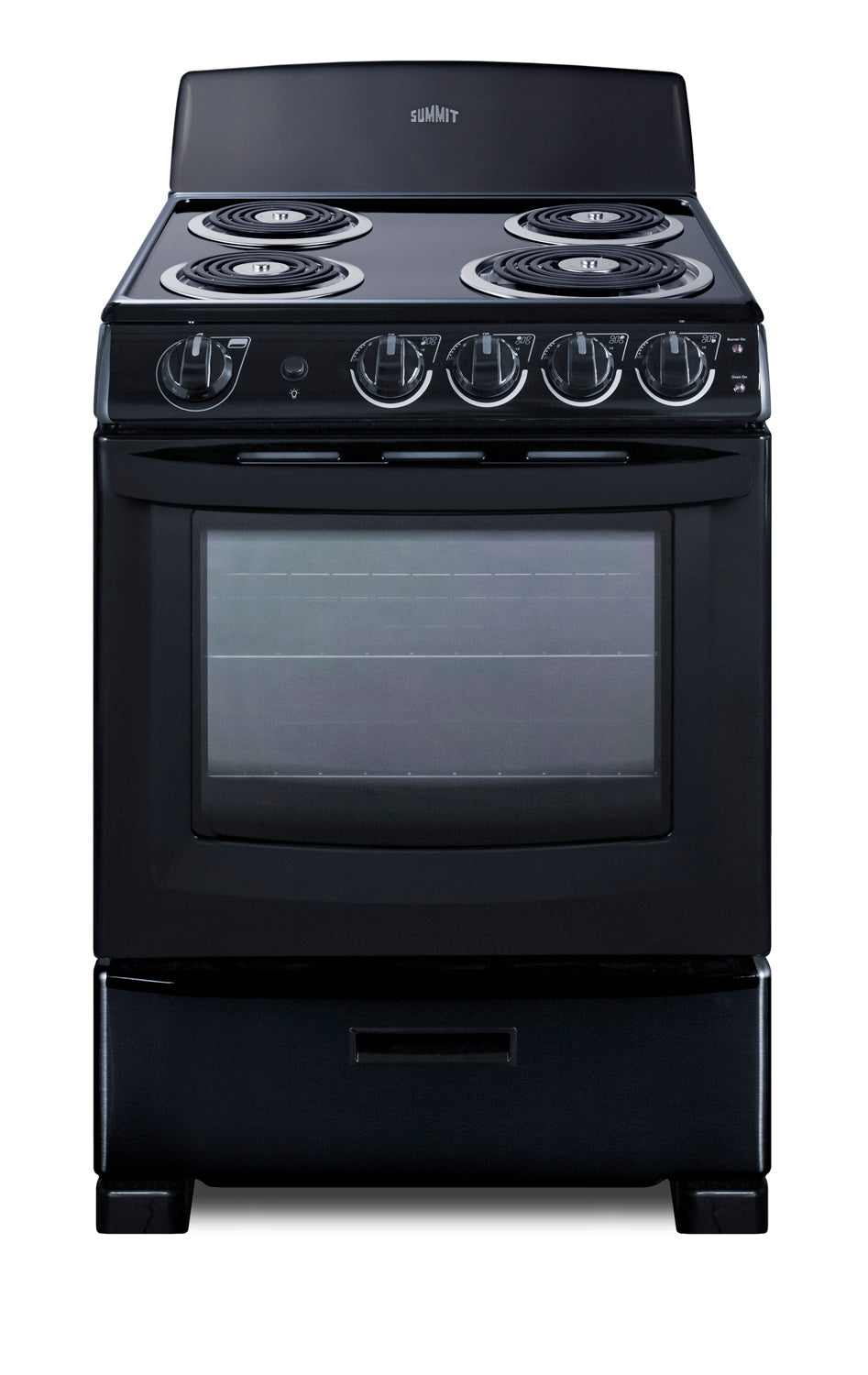 black electric coil range with four burners, control knobs, and oven window for kitchen appliances and home improvement