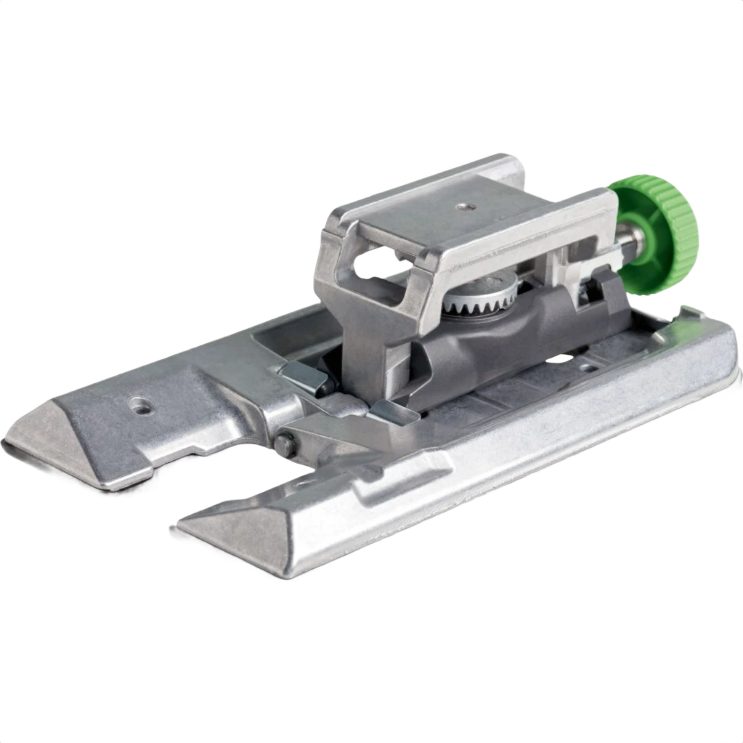 Metal angle base accessory with adjustable green knob designed for jigsaw tools and home improvement projects