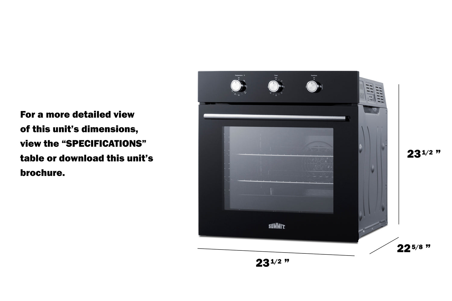 Black single gas wall oven with glass door, three control knobs, and metal handle from kitchen appliance collection