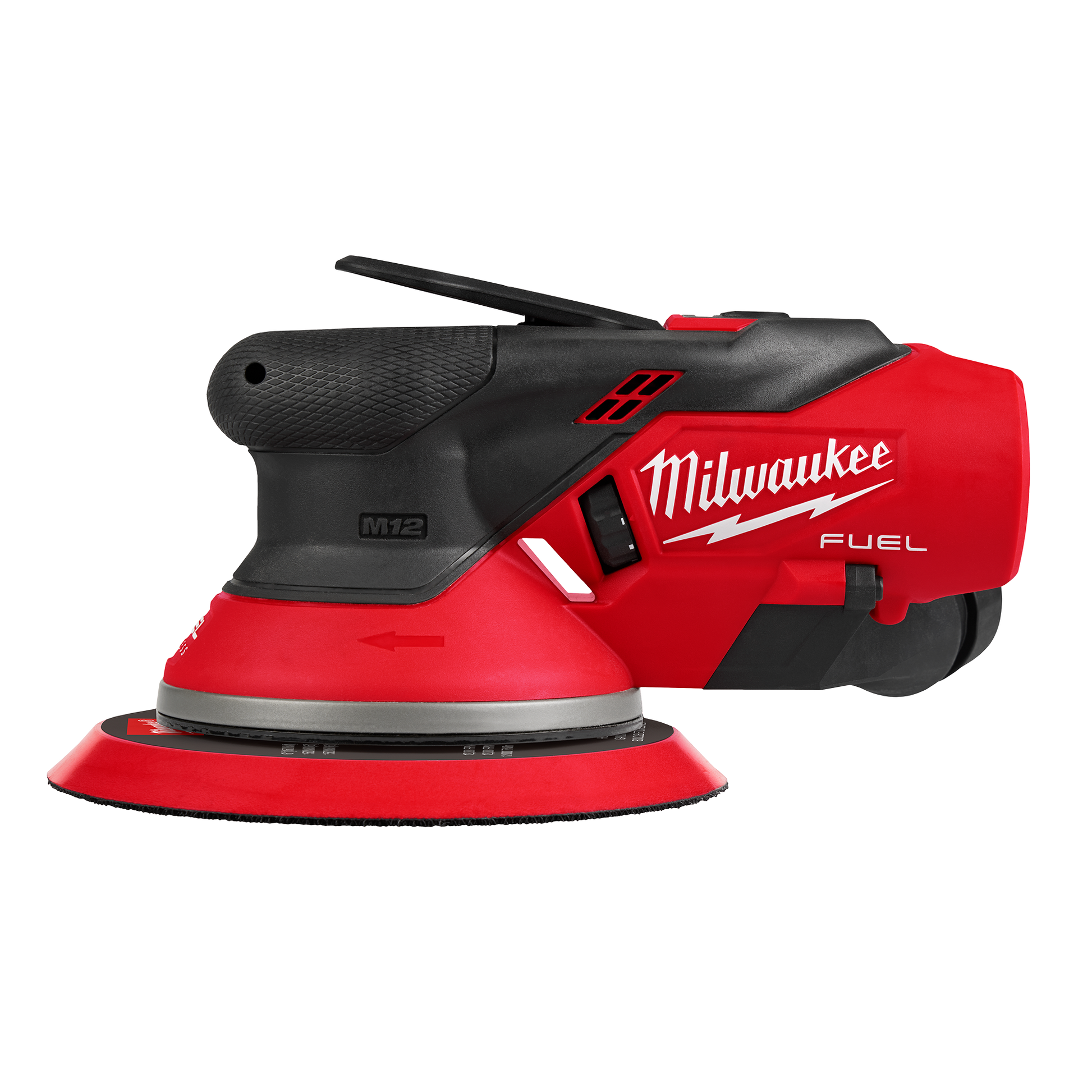 Red and black cordless random orbital sander with ergonomic grip designed for tools and home improvement projects