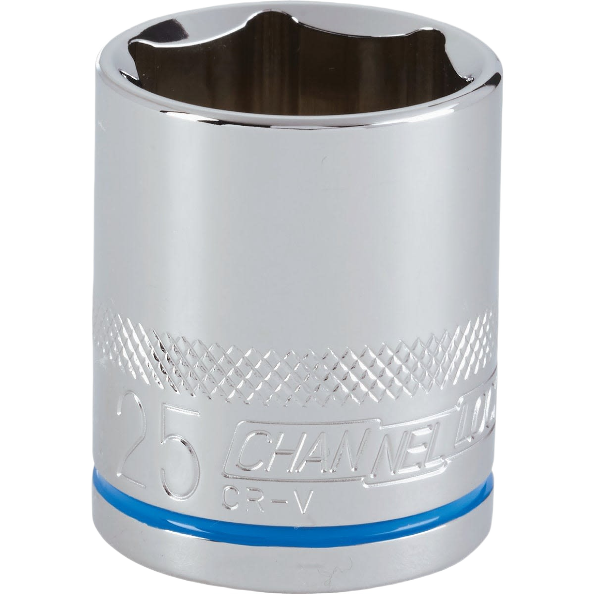 Shiny 25mm 6-point shallow steel socket with textured grip band for hand tools and home improvement projects
