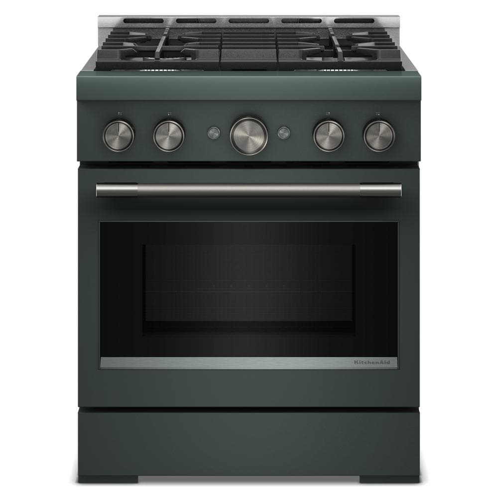 Front view of a dark green 30-inch commercial-style gas range with four burners and stainless steel oven handle in kitchenware collection