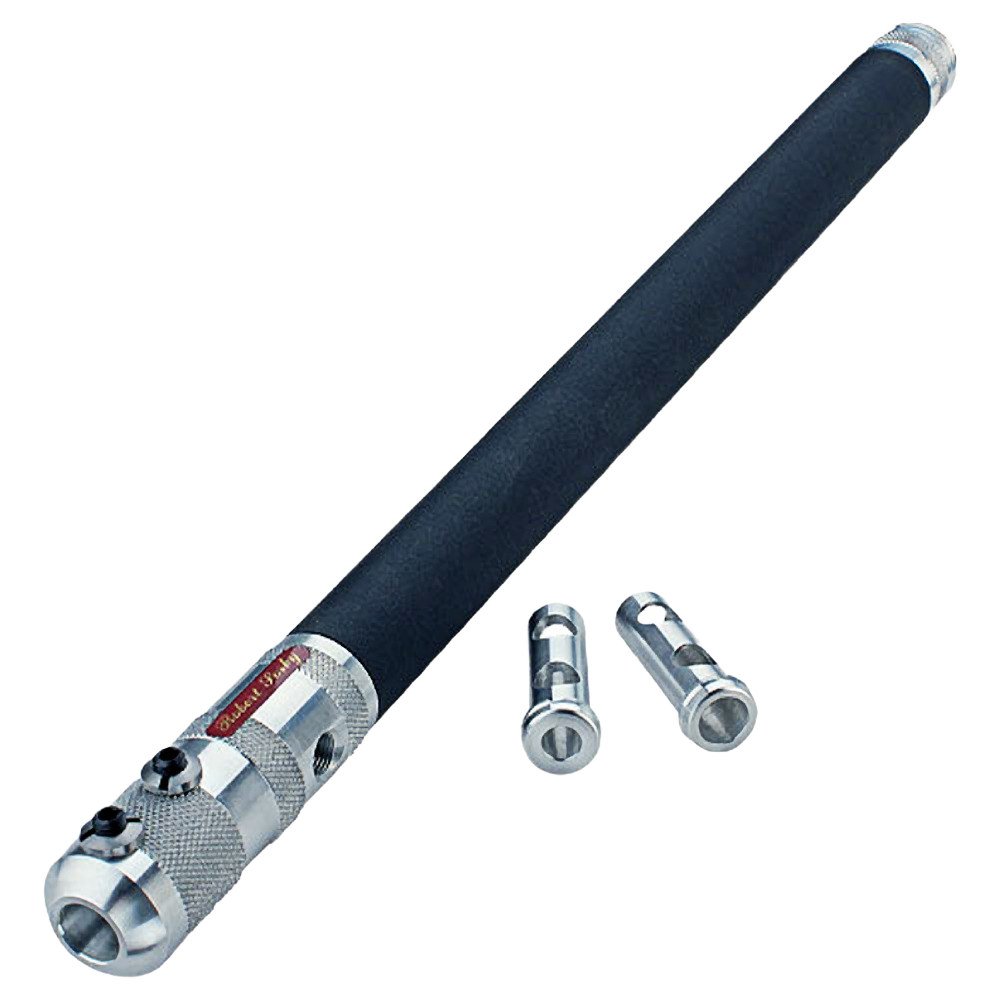 Metal and black woodturning tool handle with two interchangeable stainless steel inserts for woodworking tasks