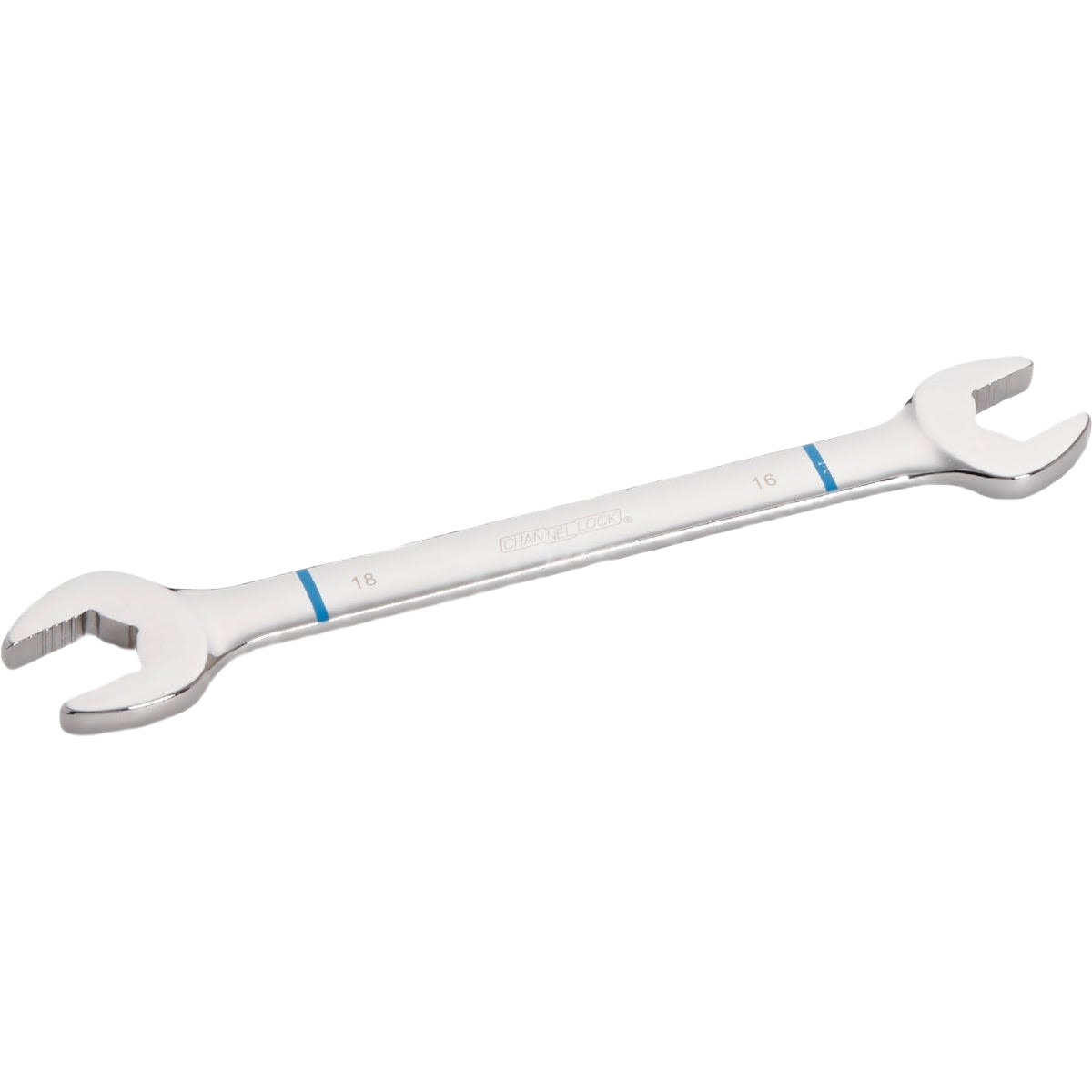 Double-ended polished open-end wrench with 16mm and 18mm sizes for tools and home improvement projects