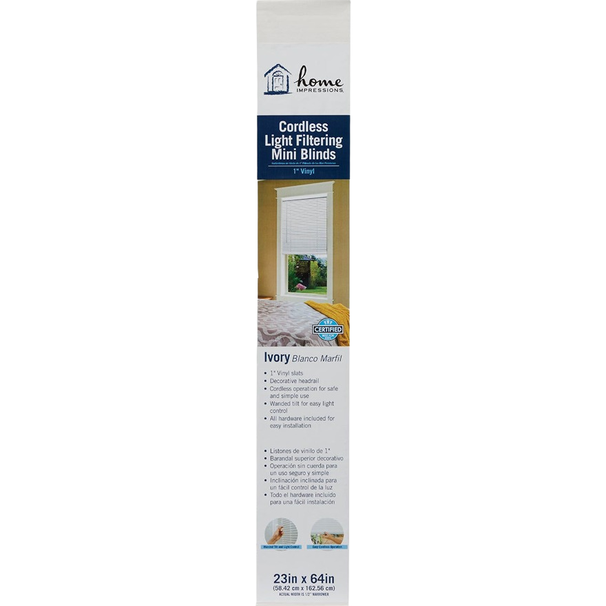 Ivory vinyl cordless mini blind with light filtering slats and decorative headrail for home improvement use
