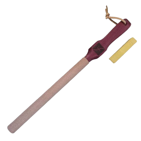 Leather-handled hook strop with sharpening compound bar for blade honing in tools and home improvement tasks