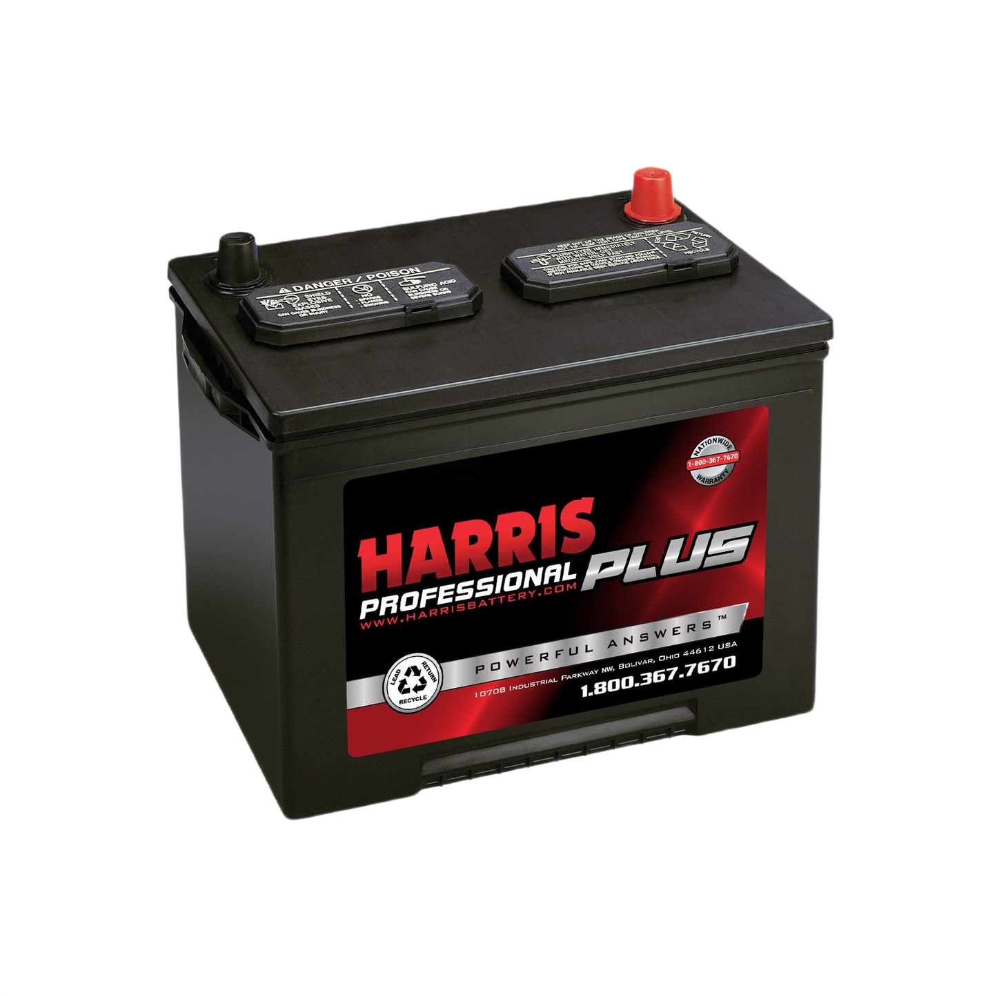 Black automotive 12-volt flooded lead acid battery with red and black terminals for reliable starting in automotive collections