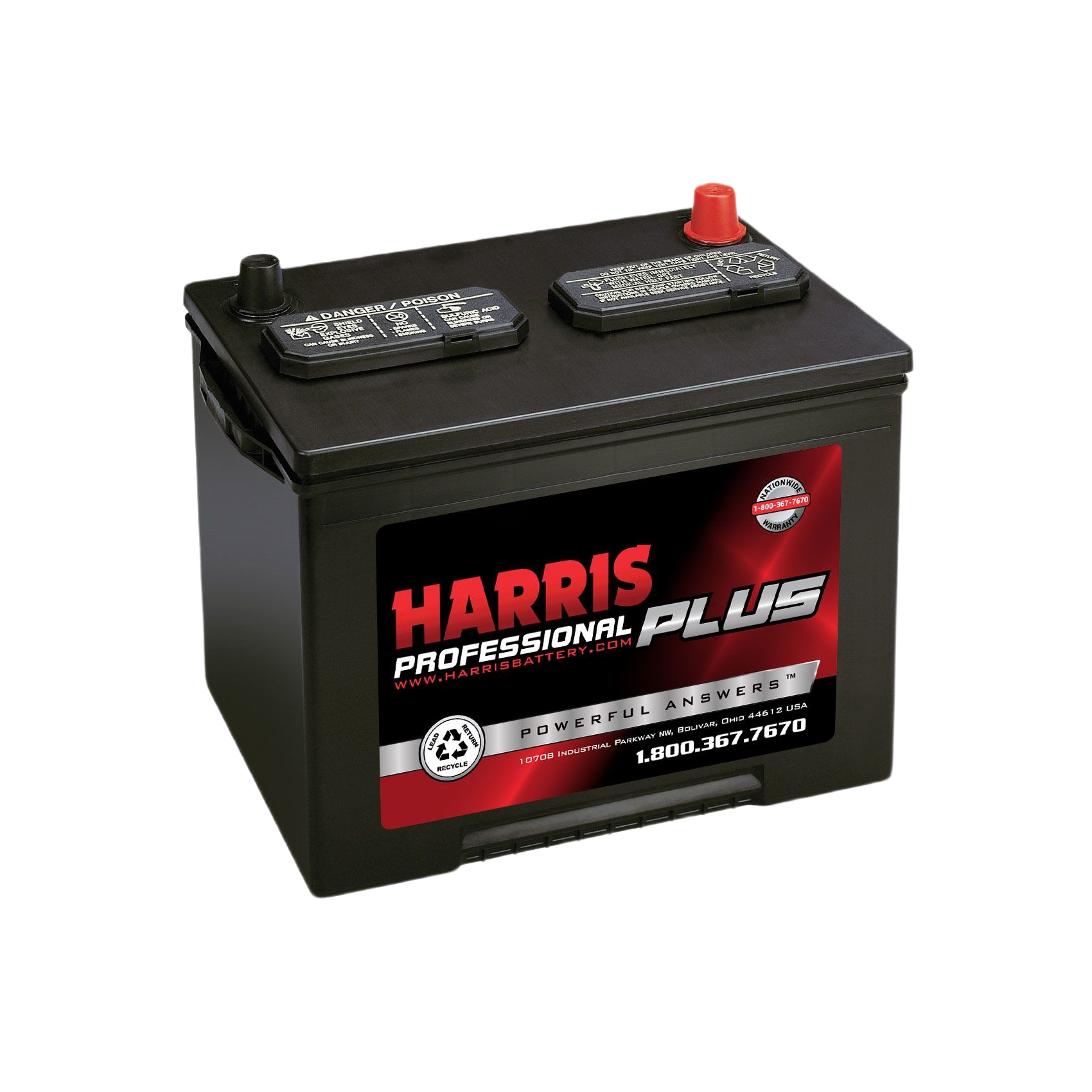 Black automotive 12-volt flooded lead acid battery with red and black terminals for reliable starting in automotive collections