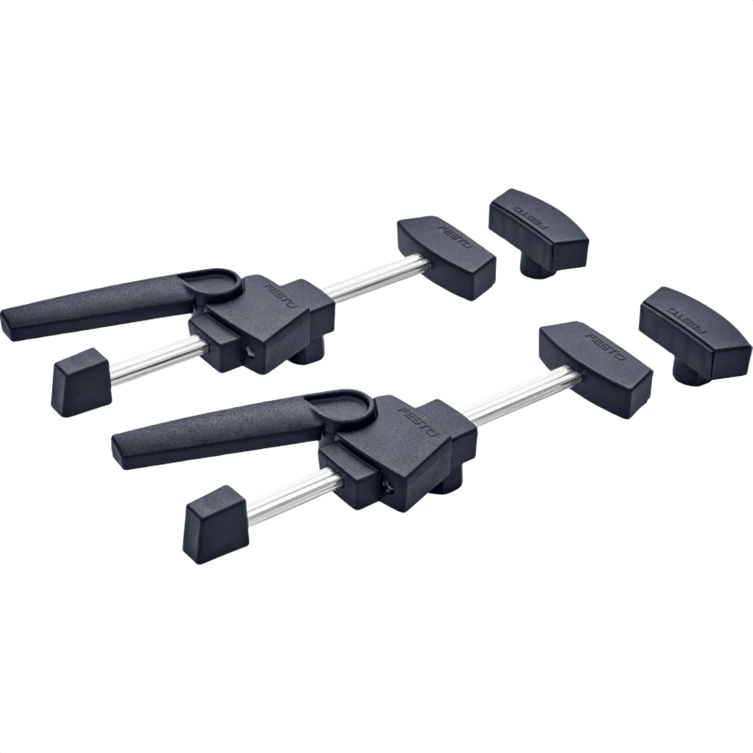 Pair of black Festool clamping elements with cam-action levers for woodworking tool accessories and home improvement tasks