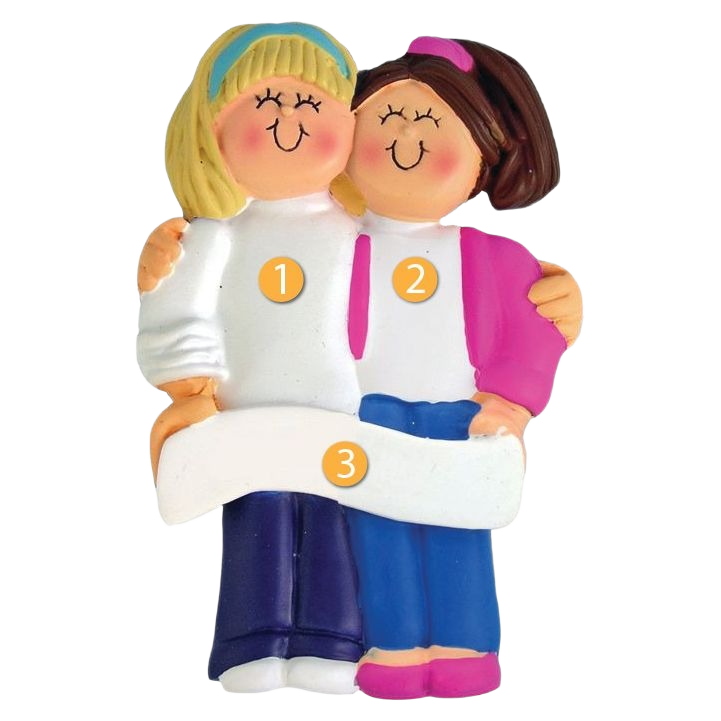 Personalized blonde and brunette friends ornament hugging with blank white banner for custom names Christmas decor