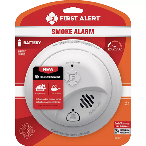 White battery-powered ionization smoke alarm with precision detection for fire safety in electrical and home improvement collections under $50