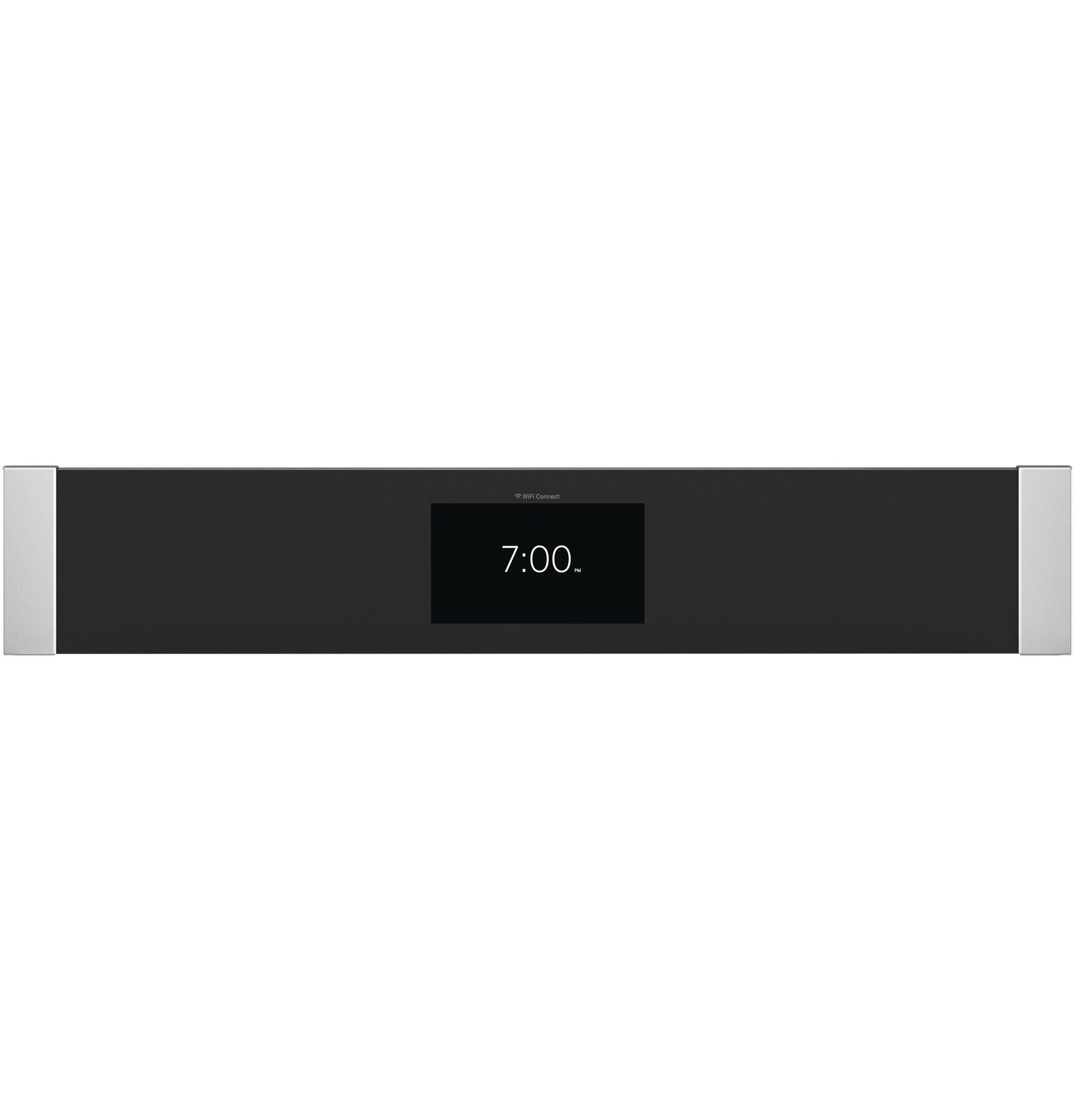 Minimalist black glass control panel with digital clock display and stainless steel trim for wall ovens in Appliances collection