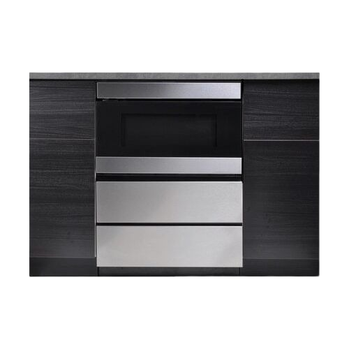 Under-counter stainless steel microwave drawer pedestal integrated into black wood kitchen cabinetry for home improvement