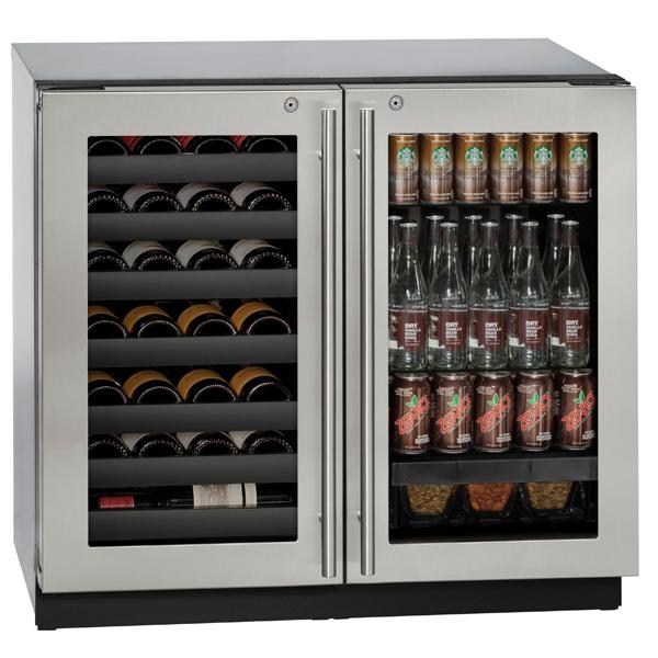 Stainless steel beverage center with dual glass doors, storing wine bottles and assorted canned and bottled drinks