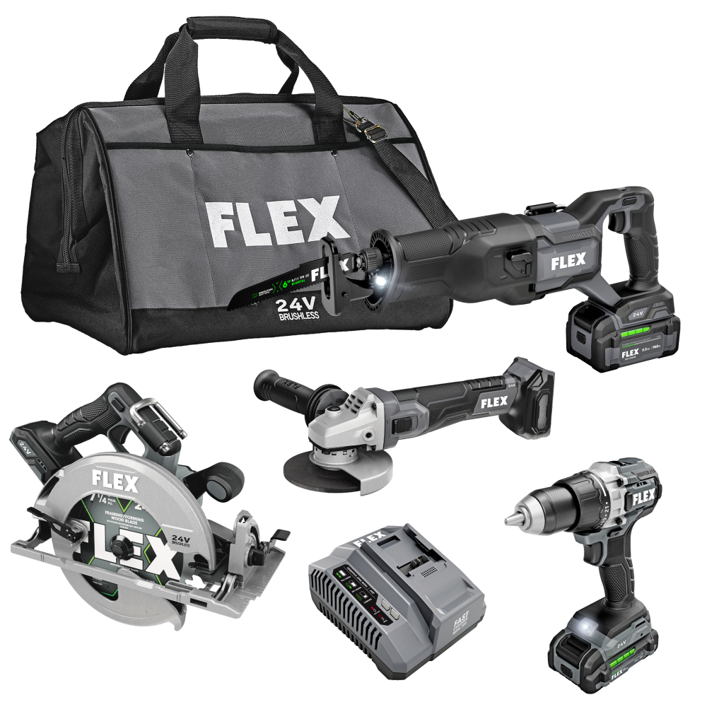 Cordless 24V 4-tool cutting combo kit including circular saw, drill driver, reciprocating saw, grinder, rapid charger, and gray FLEX tool bag for power tools.