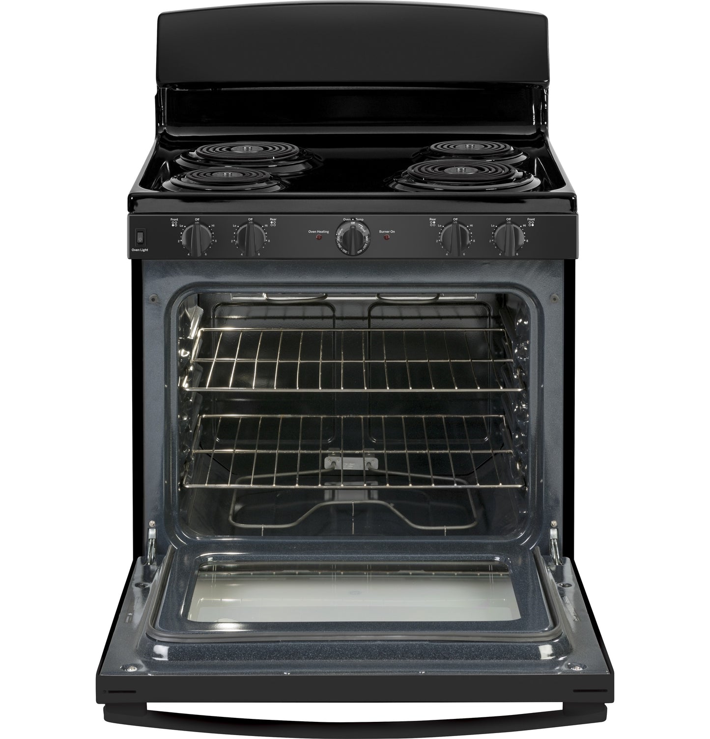 Black free-standing electric range with four coil burners and open oven door showing interior racks in electric ranges collection