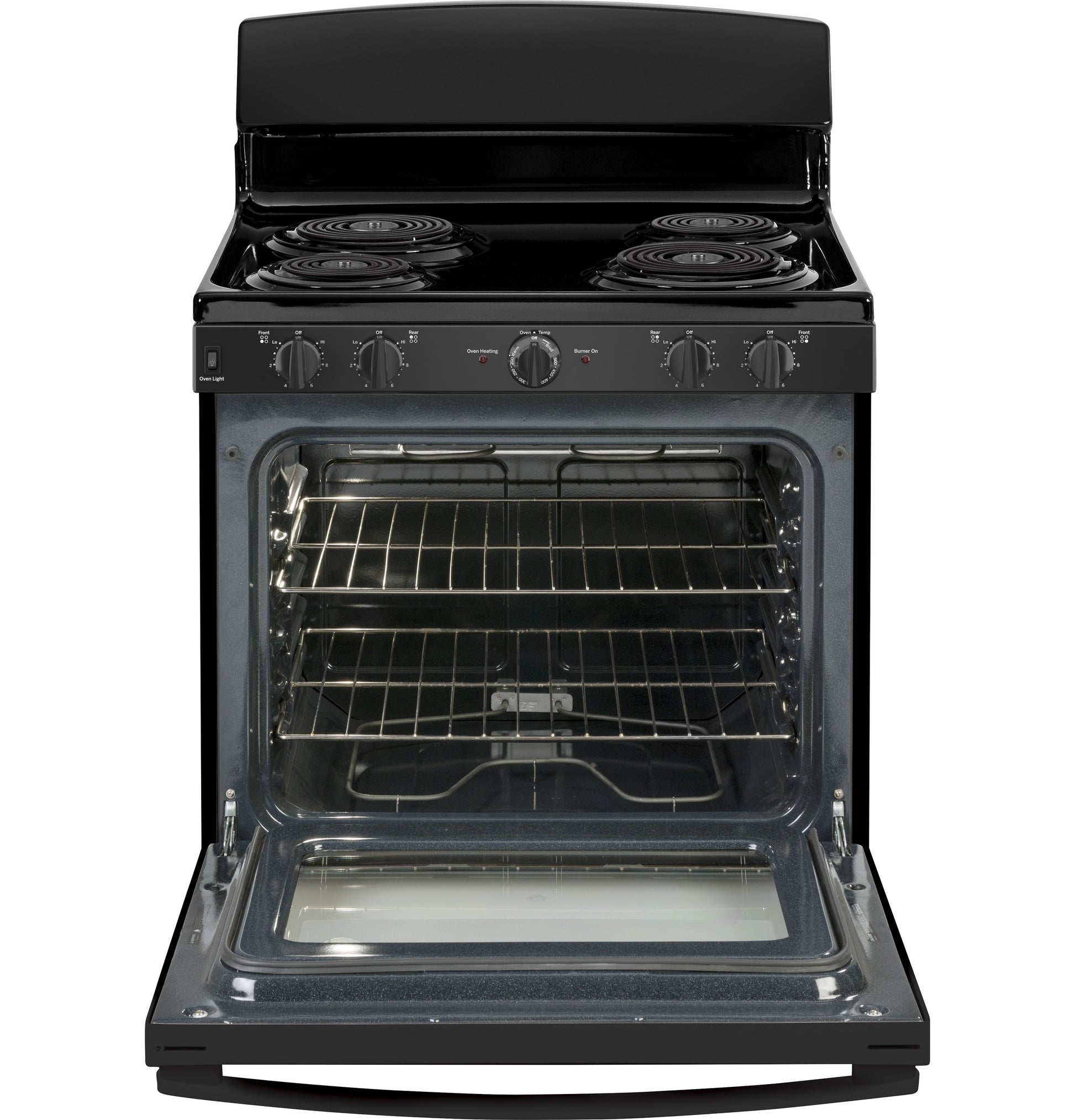 Black free-standing electric range with four coil burners and open oven door showing interior racks in electric ranges collection