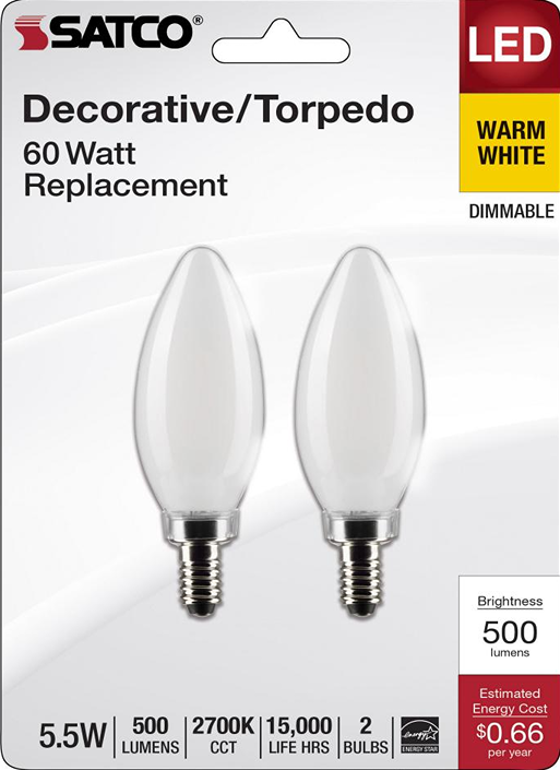 Two frosted torpedo-shaped LED light bulbs with small screw bases for dimmable home lighting and electrical use.