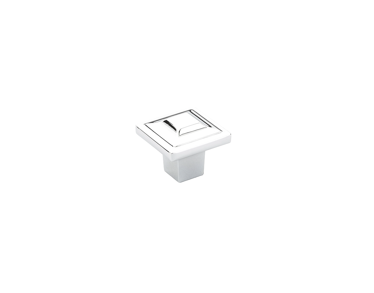 Polished chrome square cabinet knob with transitional design, ideal for furniture hardware and home improvement projects