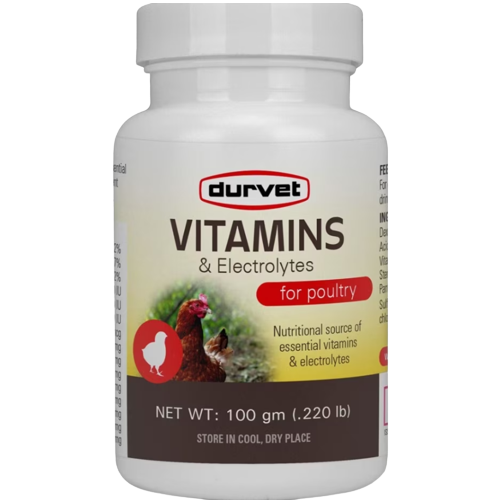 White plastic bottle of Durvet vitamins and electrolytes supplement for poultry with label showing hens in natural setting